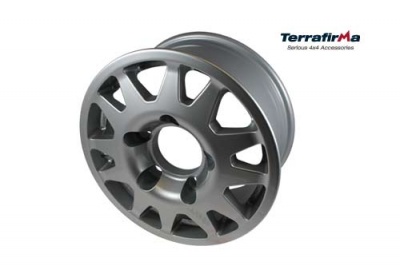 Image of TF104, a 'TERRAFIRMA DAKAR WHEEL SILVER DEFENDER, DISCOVERY 1, RANGE ROVERCLASSIC' part