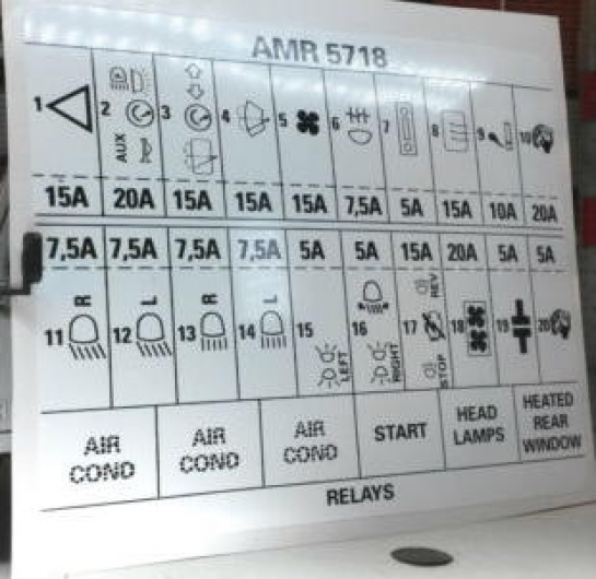 Image of AMR5718, a 'DECAL - FUSE INJECTION PANEL COVER - DEFENDER ' part